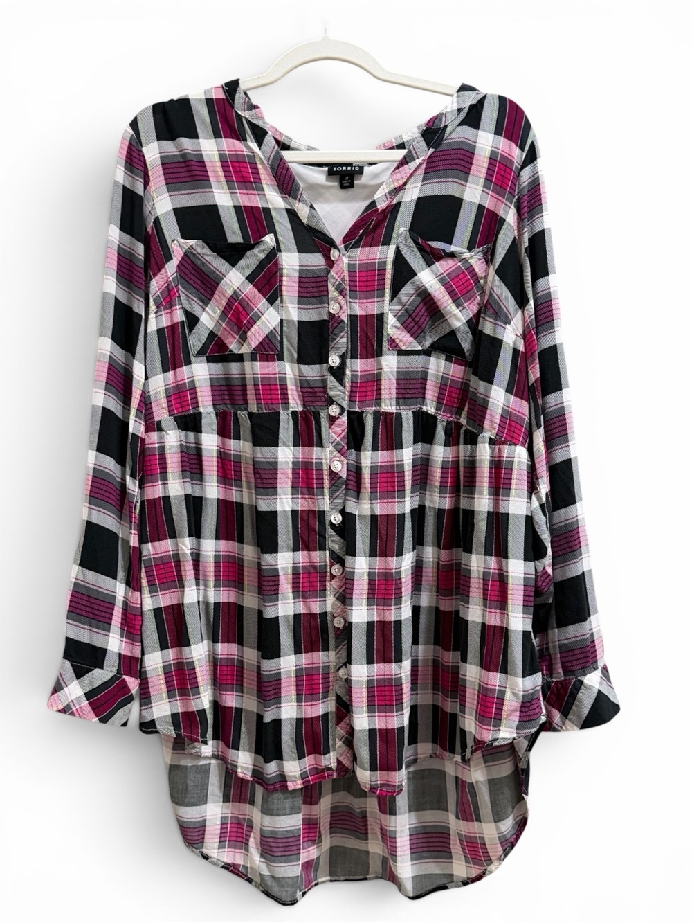 Torrid Size 2 Black Pink Plaid High-Low Button-Front Tunic Top
